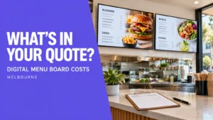 Concept illustration of two digital menu boards above a takeaway counter with a quotation clipboard.