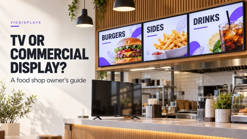 Illustration of commercial menu screens above a takeaway counter and a household TV on its stand