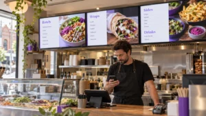 Illustrative takeaway shop owner checking a phone beneath three digital menu screens.