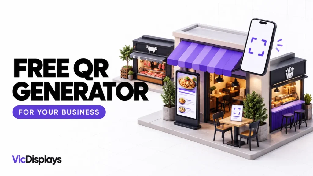 VicDisplays free QR generator illustration with a restaurant, takeaway, butcher shop and phone