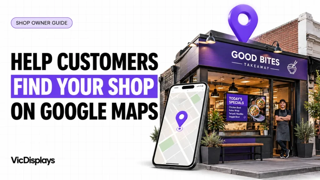 Illustrated takeaway storefront beside a phone map and purple location pin, with a guide headline for shop owners.