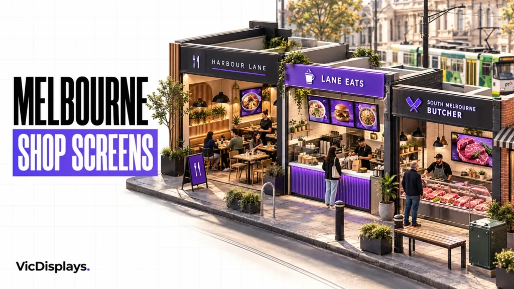 3D illustration of restaurant, takeaway and butcher shop screens in a Melbourne shopping strip.
