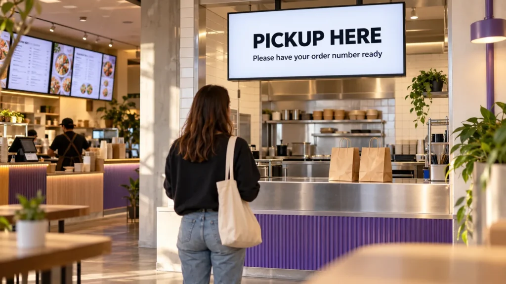 Generated concept of a takeaway collection counter with a screen showing pickup instructions